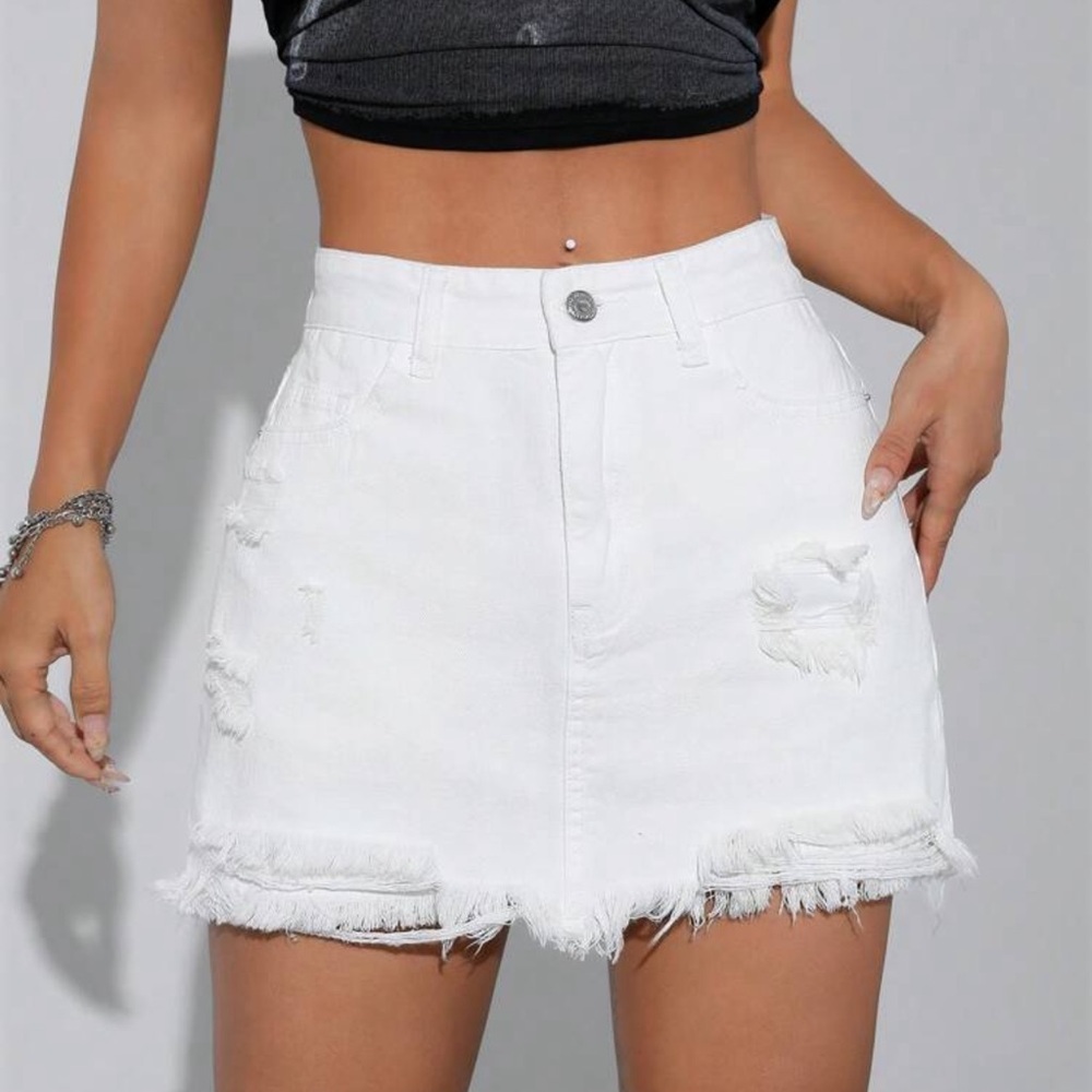 Jeanoix Women's Casual Denim Skort With Distressed Pockets And Raw Hem